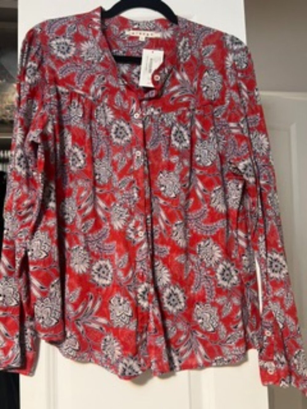NWT XIRENA Cotton Red/Navy/White Button-down Blouse Size Large